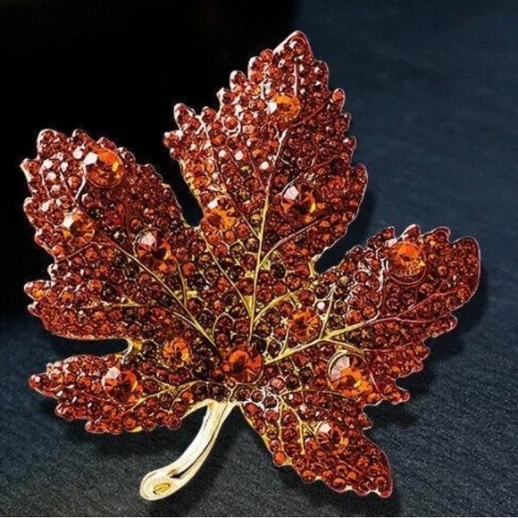 Red Maple Leaf Rhinestone Crystal Pendant Necklace Brooch Pin Combo - Picture 2 of 4